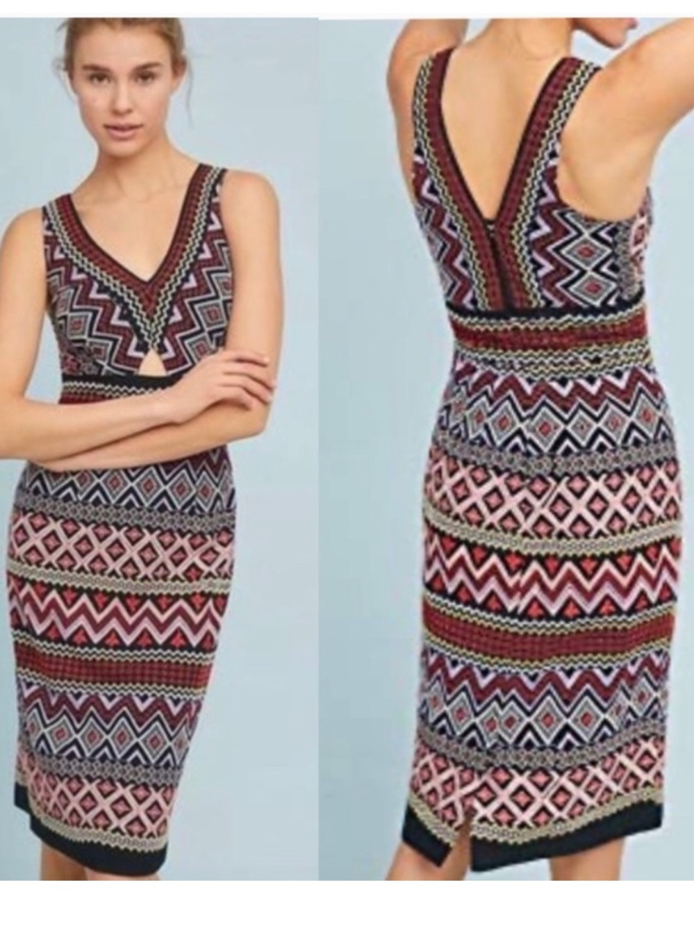 Geo-Print V-Neck Midi Dress in Pink